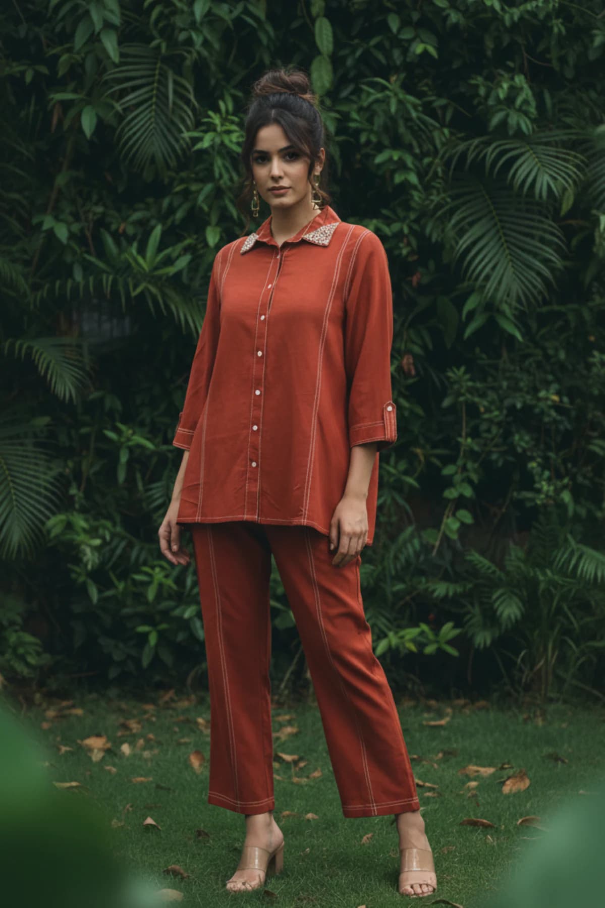 Women's Orange Cotton Flex Shirt and Trouser Co-ord Set