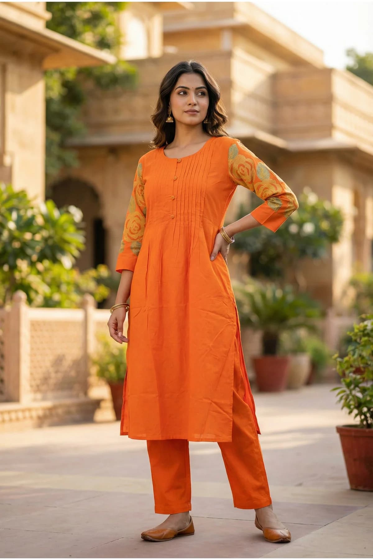 Women's Modern Orange Cotton Style Co-ord Set