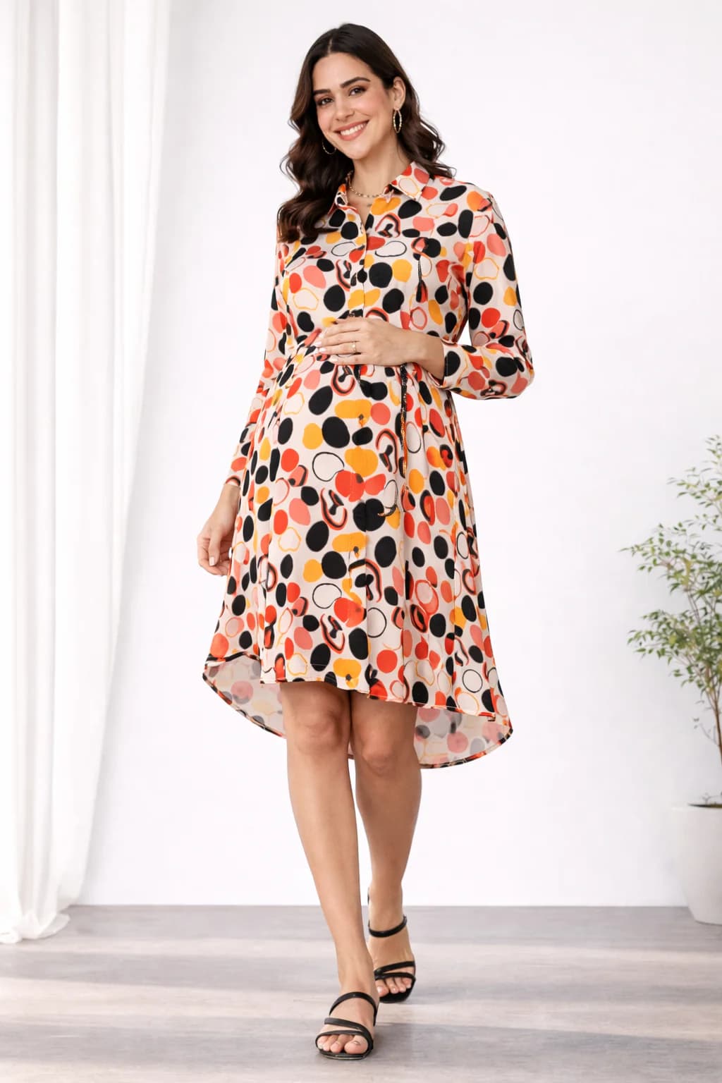 Women's Multicolor Full Sleeves Abstract Print Maternity A-Line Shirt Dress
