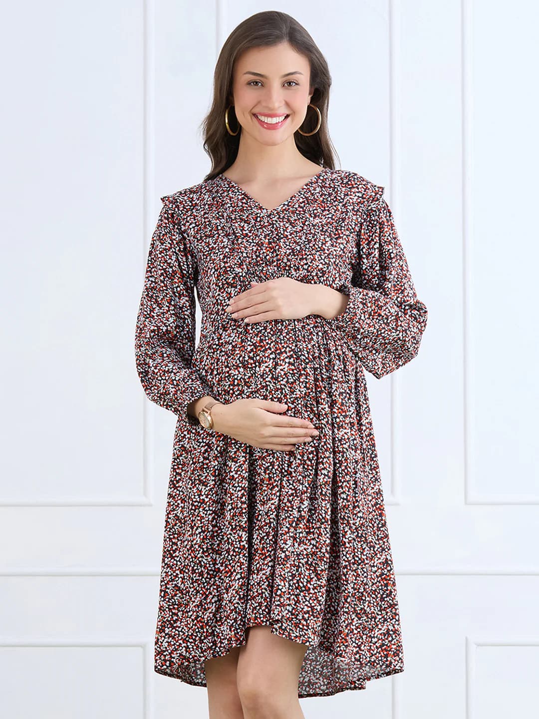 Women's Multicolor Half Sleeves Ditsy Print Maternity Fit & Flare Dress