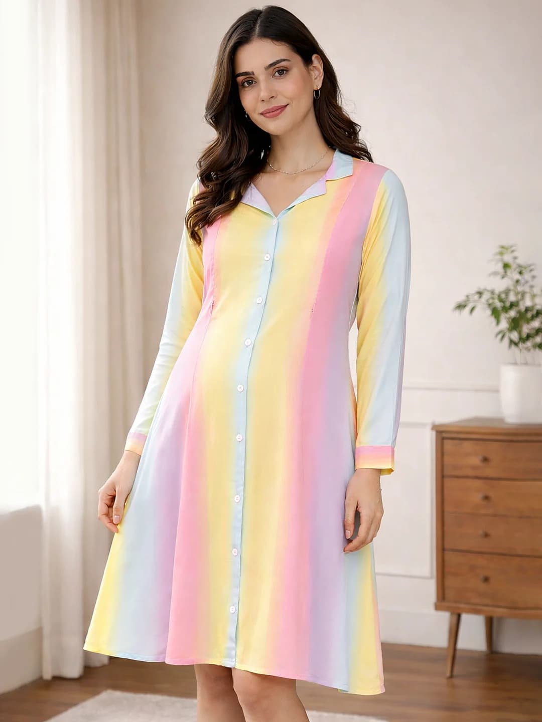Women's Multicolor Full Sleeves Striped Gradient Print Maternity A-Line Dress