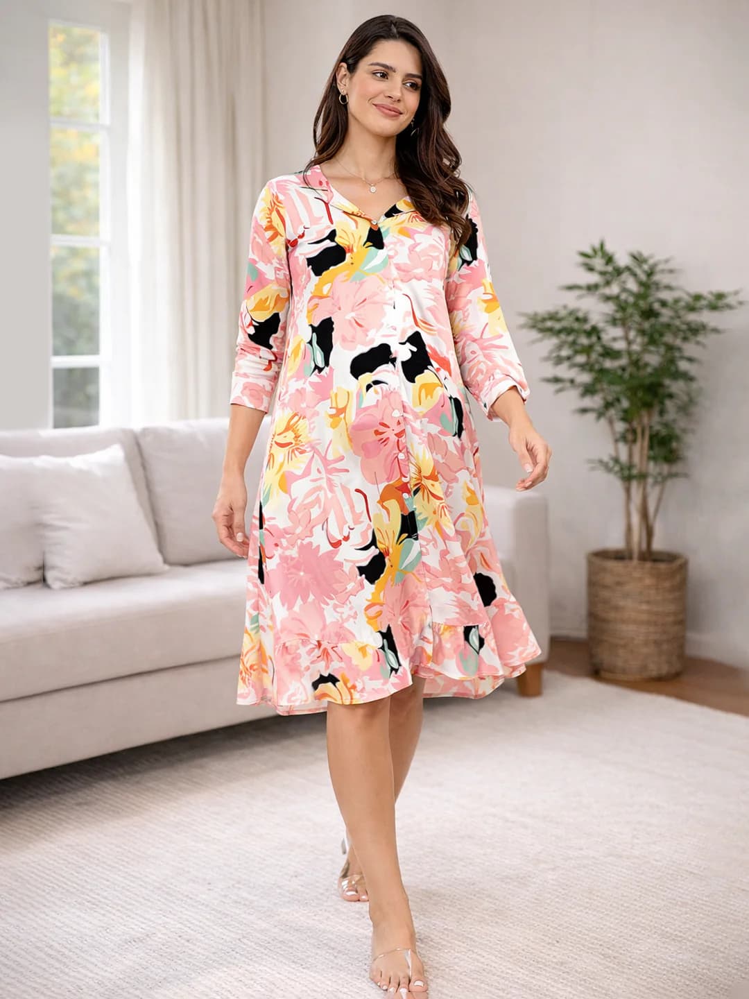 Women's Pink Three Quarter Sleeves Abstract Floral Print Maternity A-Line Dress