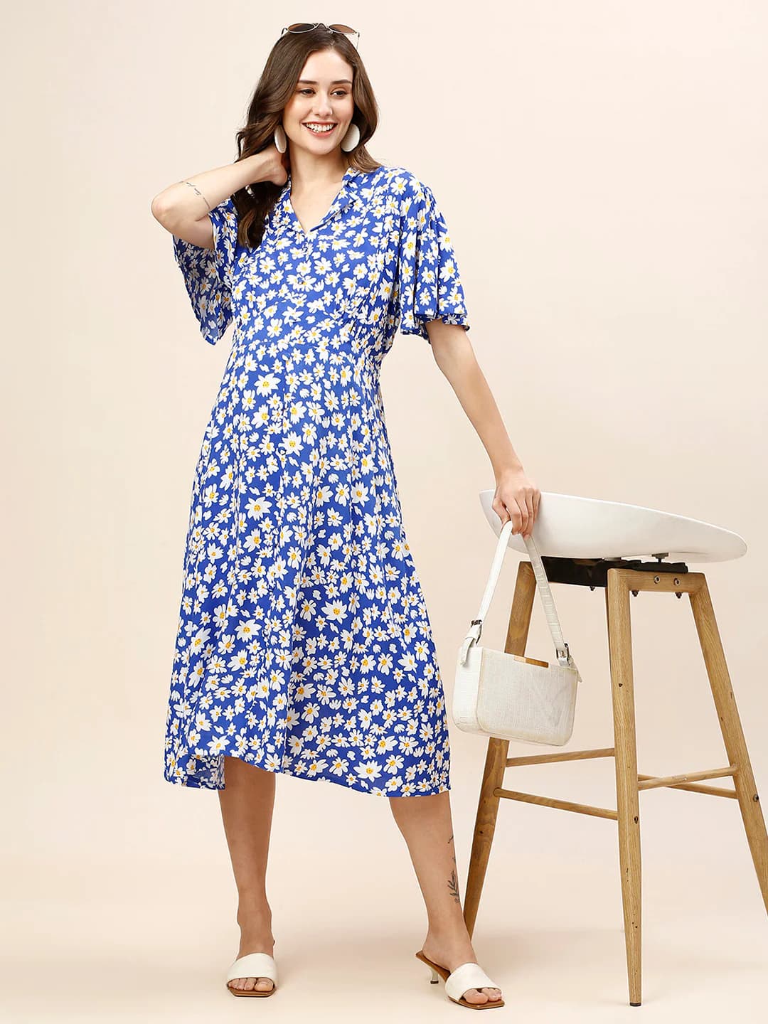 Women's Blue Half Sleeves Floral Printed Shirt Collar Maternity A-Line Midi Dress