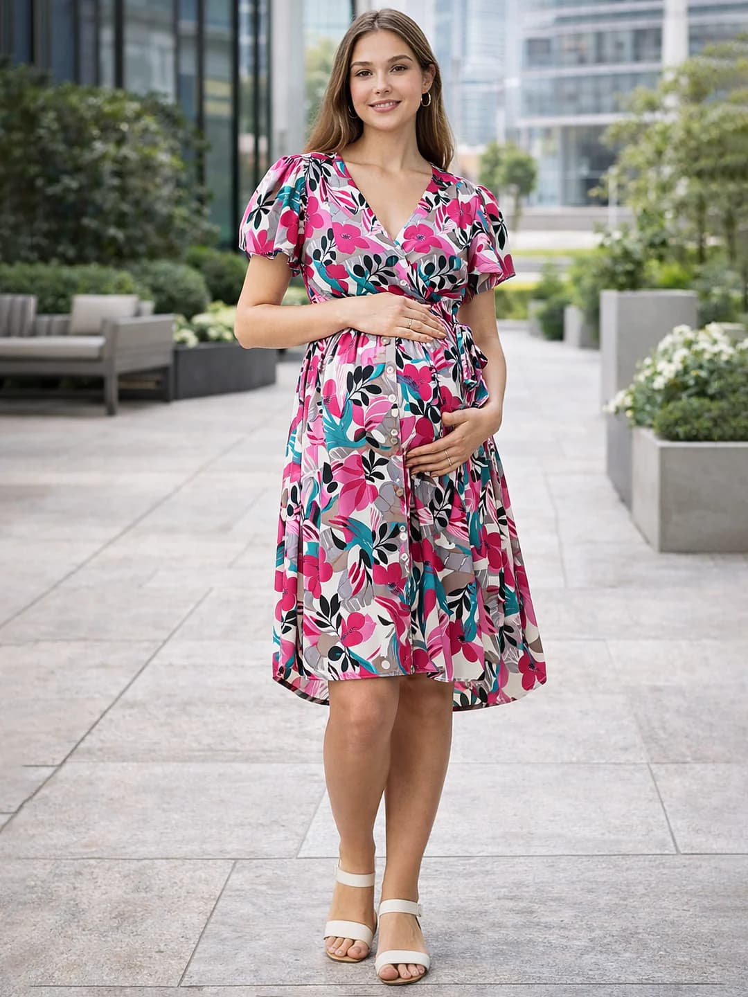 Women's Pink Full Sleeves Puff Sleeve Floral Print Maternity A-Line Dress