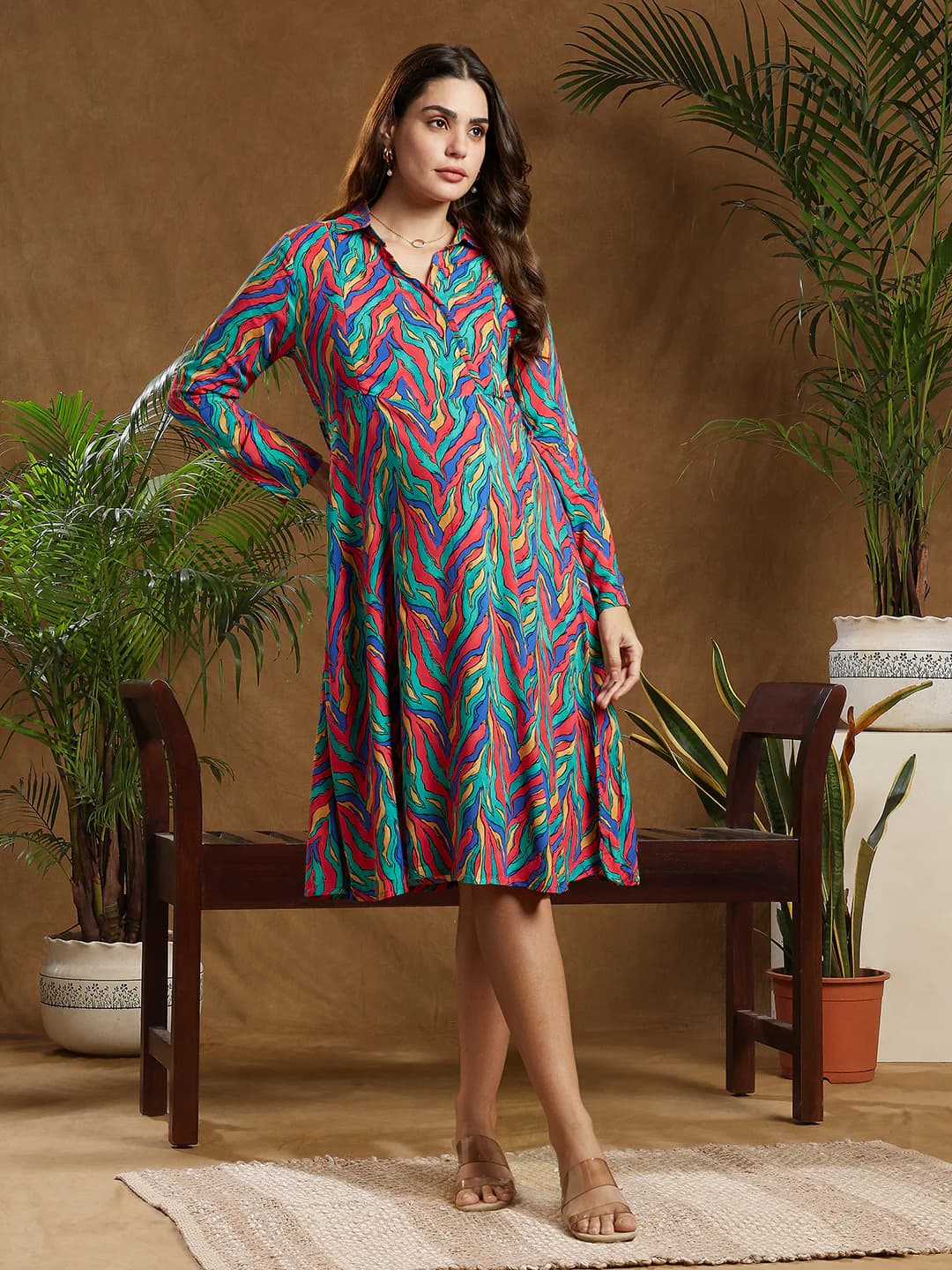 Women's Multicolor Full Sleeves Abstract Swirl Print Maternity A-Line Dress