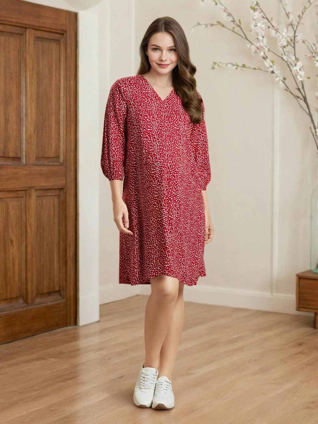 Women's Red Three Quarter Sleeves Ditsy Print Maternity A-Line Dress