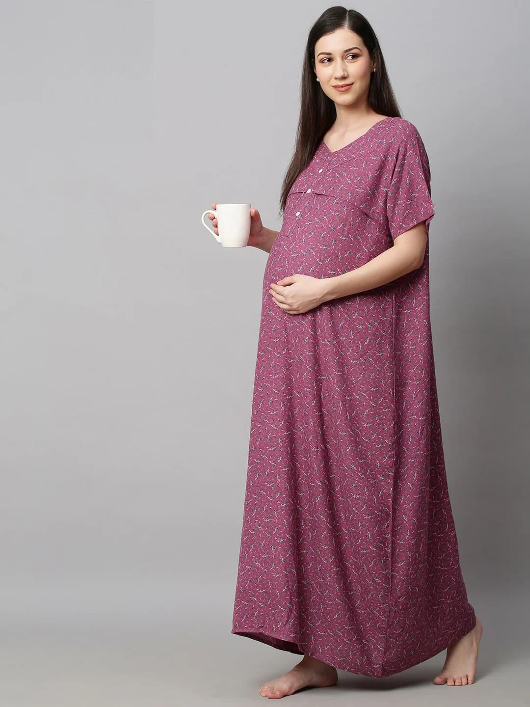 Women's Purple Half Sleeves Floral Maxi Maternity Nightdress