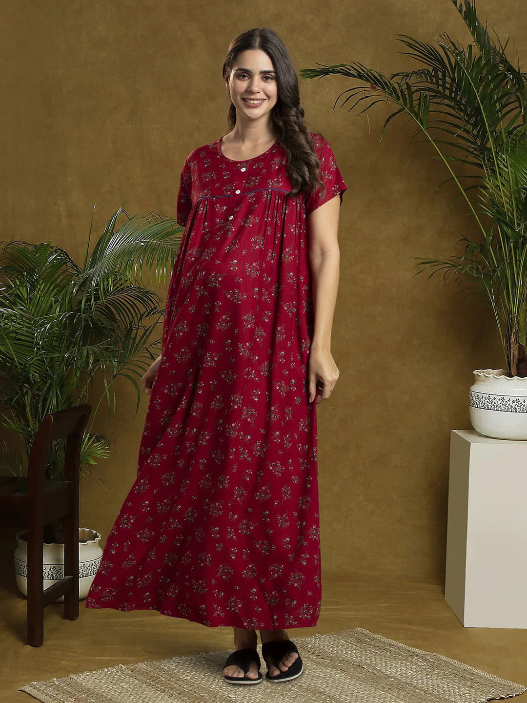 Women's Red Half Sleeves Floral Printed Maxi Nightdress