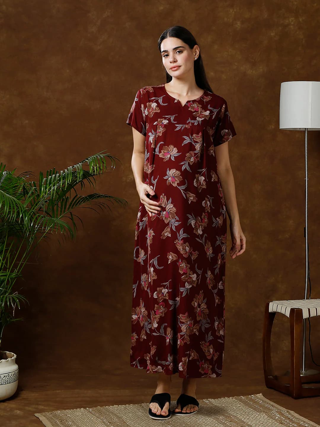 Women's Red Half Sleeves Flower Printed Maternity Maxi Nightdress