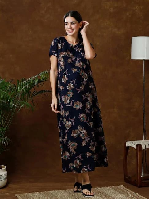 Women's Navy Half Sleeves Flower Printed Maternity Maxi Nightdress