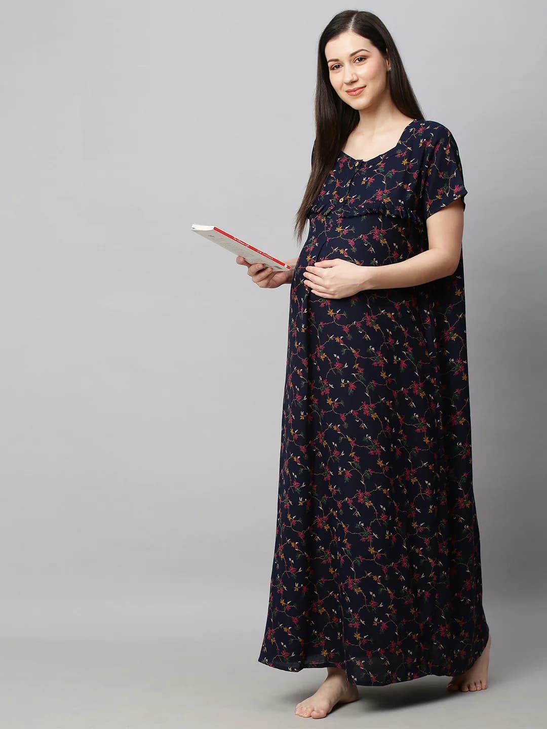 Women's Navy Half Sleeves Printed Maxi Maternity Nightdress