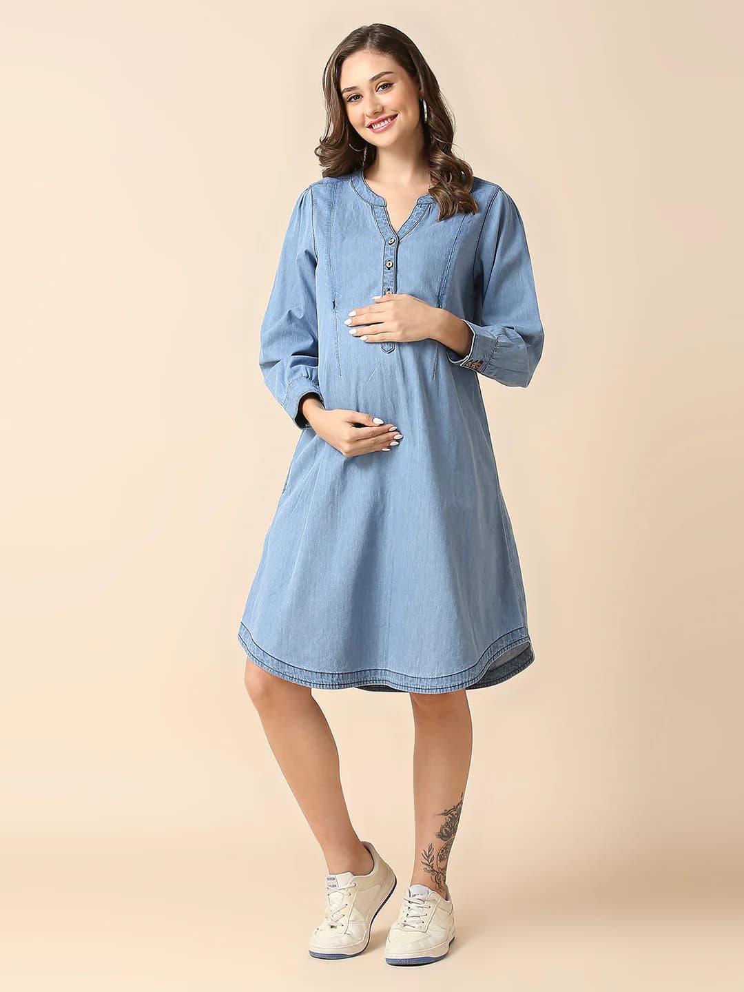 Women's Blue Half Sleeves Maternity A-Line Denim Dress