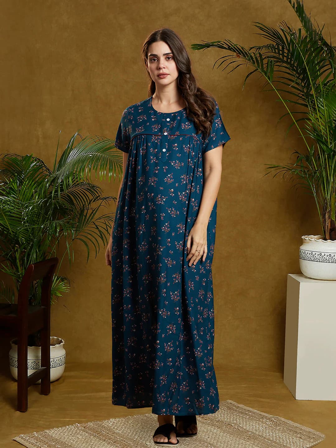 Women's Blue Half Sleeves Floral Printed Maxi Nightdress