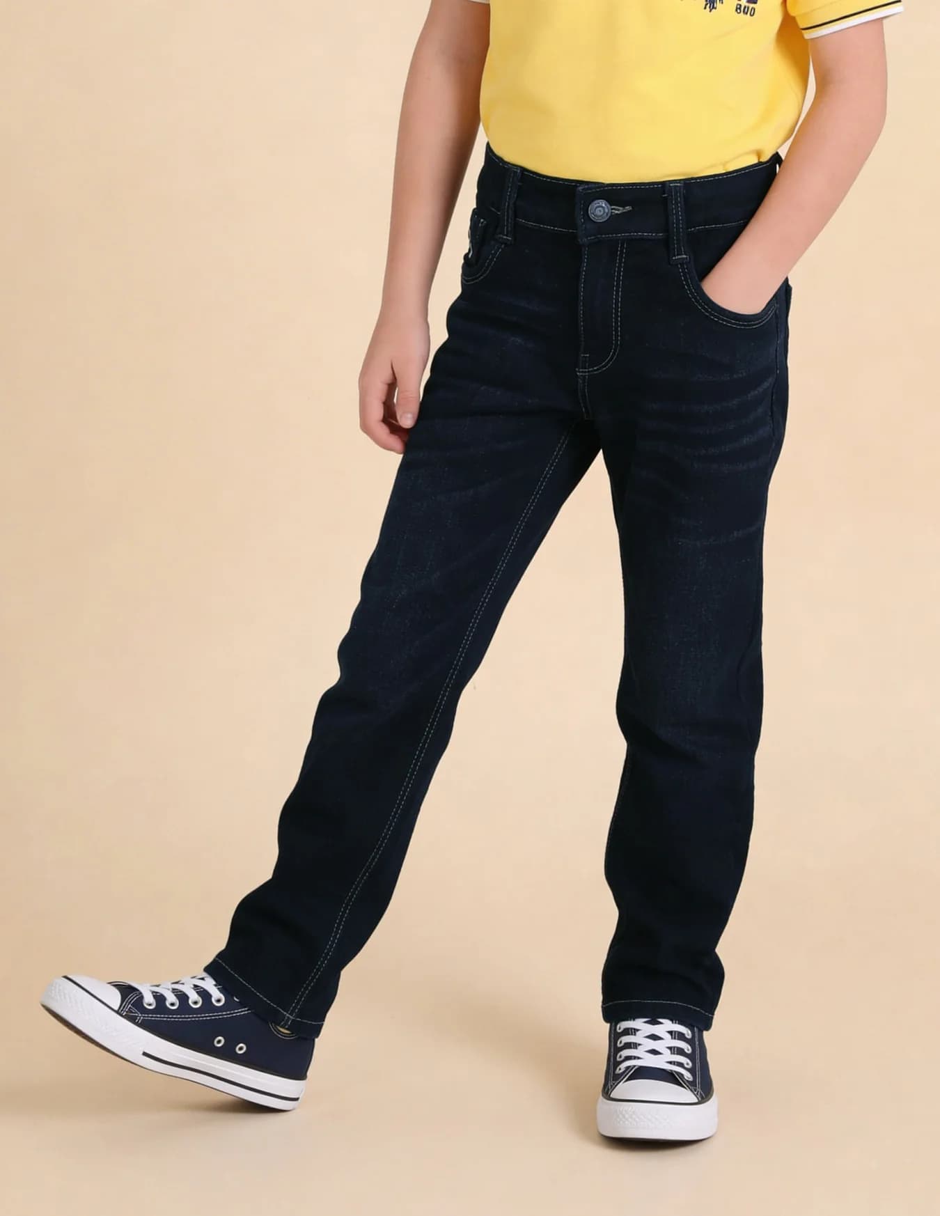 Boys Dark Blue Casual Regular Fit Solid Mid Rise Jeans