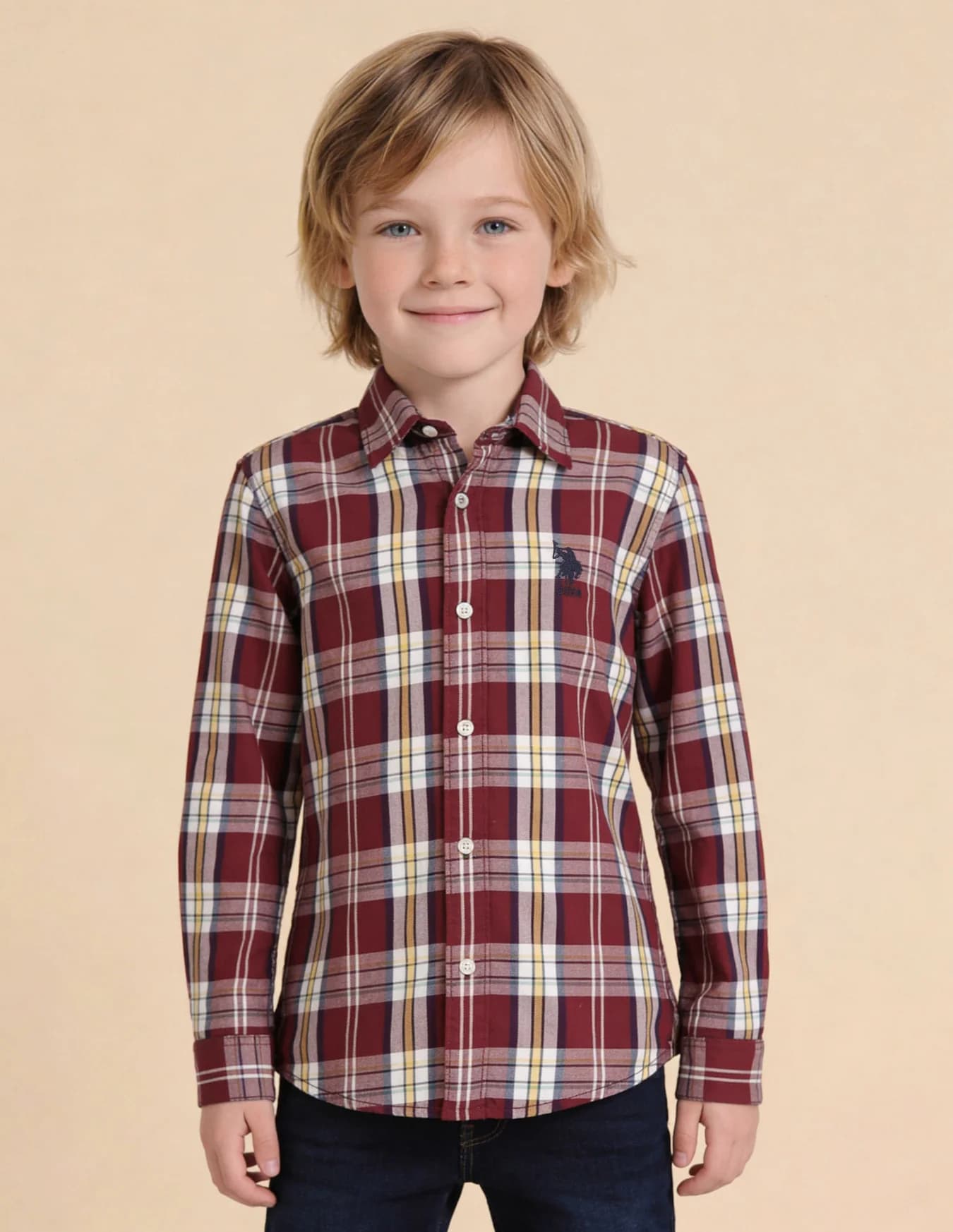 Boys Red Casual Regular Fit Checked Full Sleeves Shirt