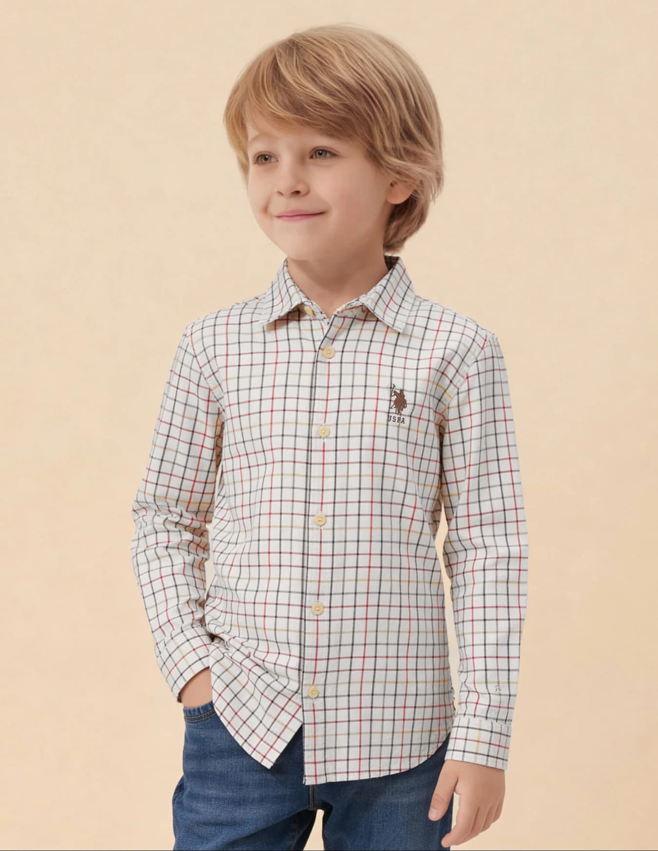 Boys Cream Casual Regular Fit Checked Full Sleeves Shirt