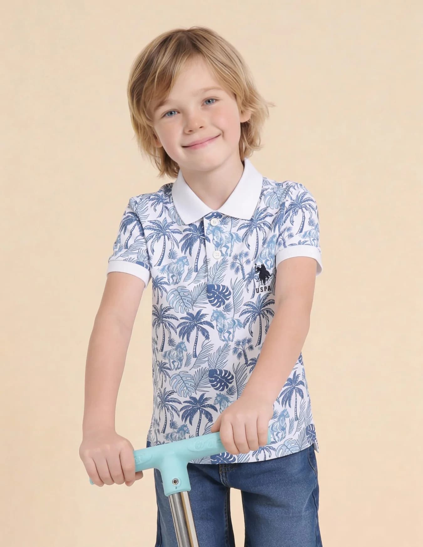 Boys Off White Casual Regular Fit Printed Half Sleeves Polo Tshirt