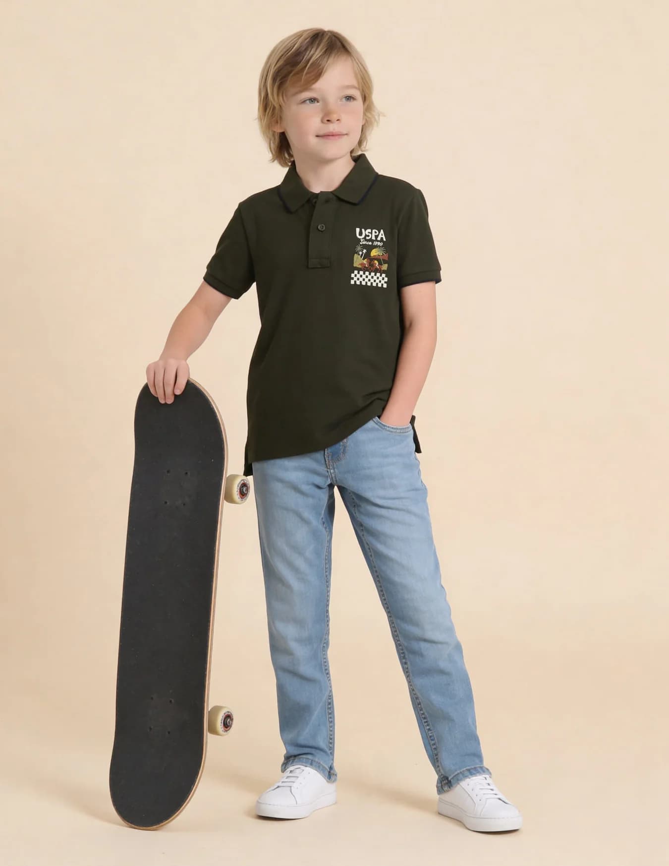 Boys Green Casual Regular Fit Printed Half Sleeves Polo Tshirt