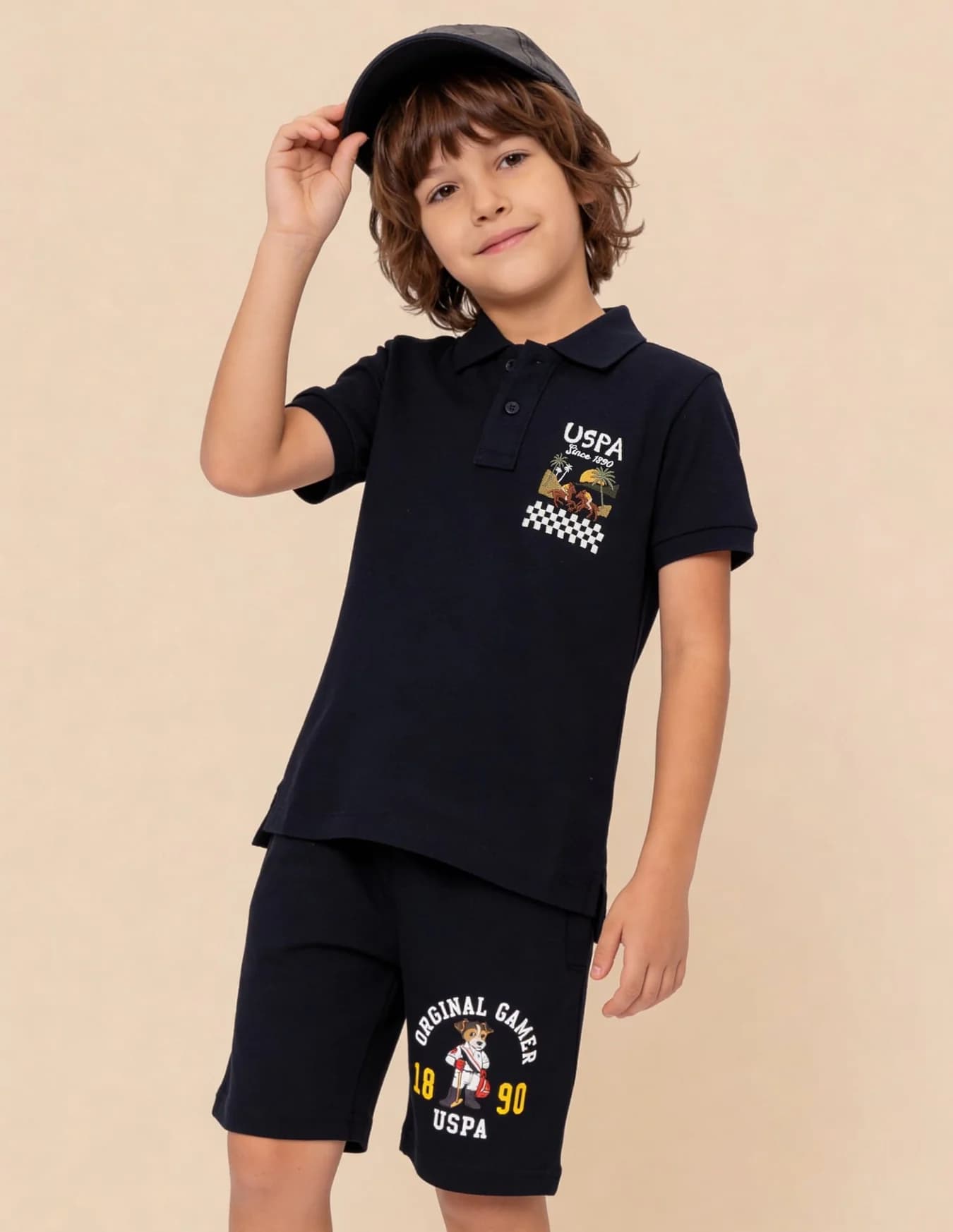 Boys Navy Casual Regular Fit Printed Half Sleeves Polo Tshirt