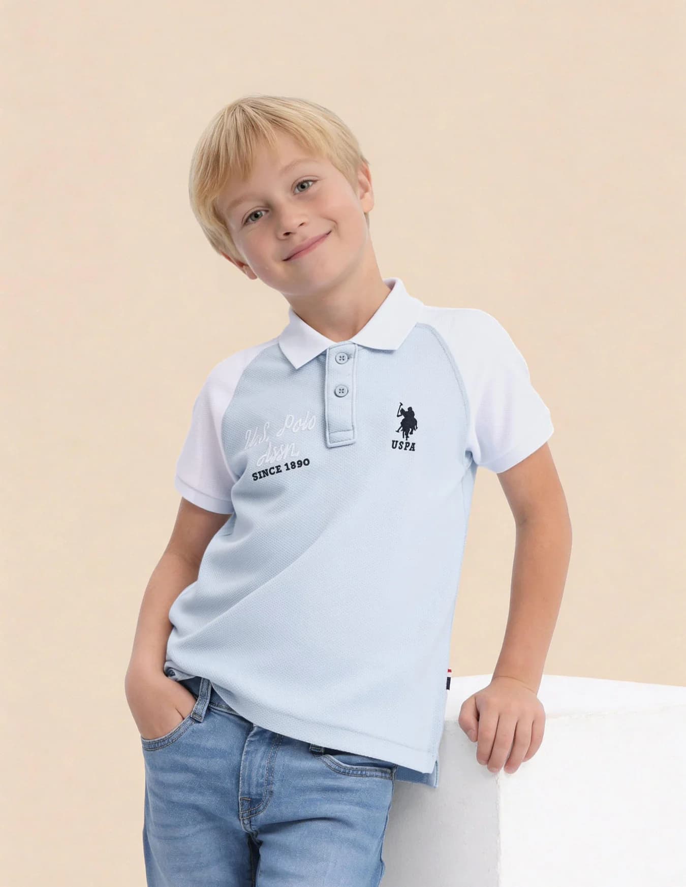 Boys Blue Casual Regular Fit Colorblocked Half Sleeves Polo Tshirt