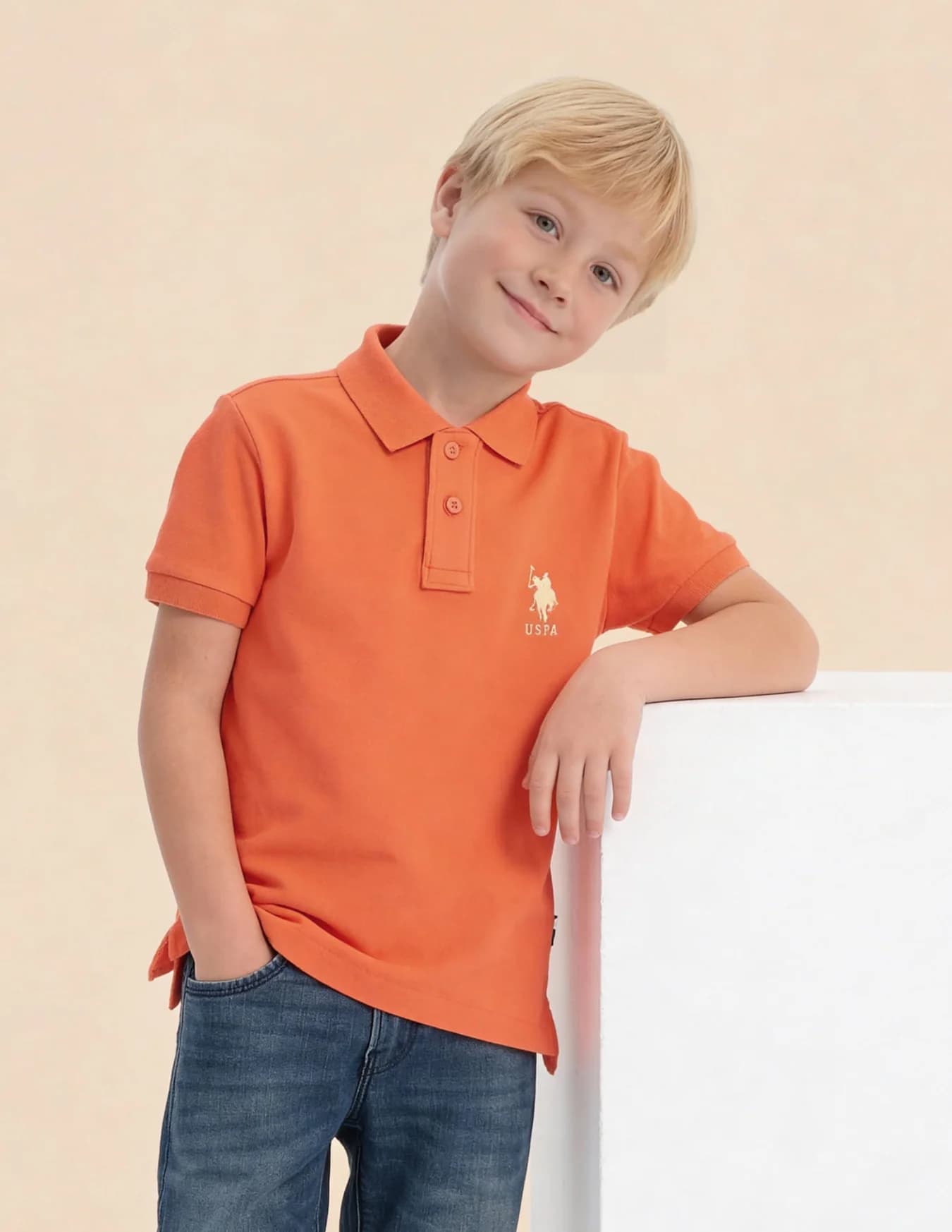 Boys Orange Casual Regular Fit Solid Half Sleeves Polo Tshirt