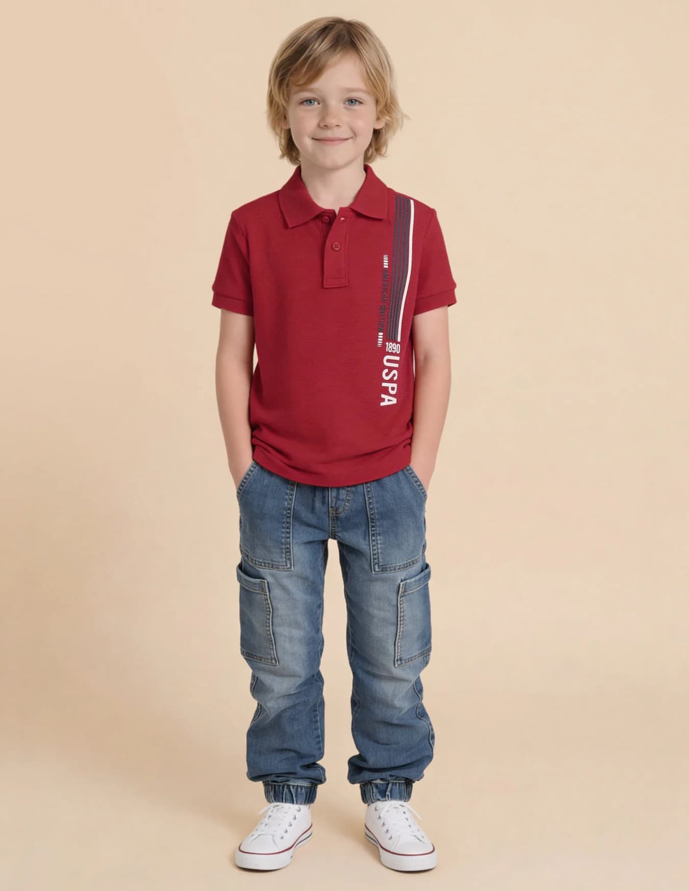 Boys Red Casual Regular Fit Self-Design Half Sleeves Polo Tshirt
