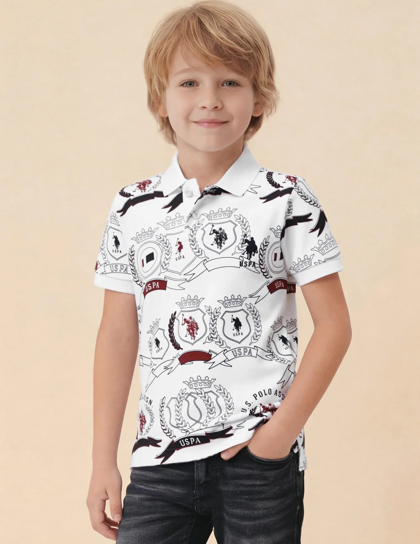 Boys White Casual Regular Fit Printed Half Sleeves Polo Tshirt
