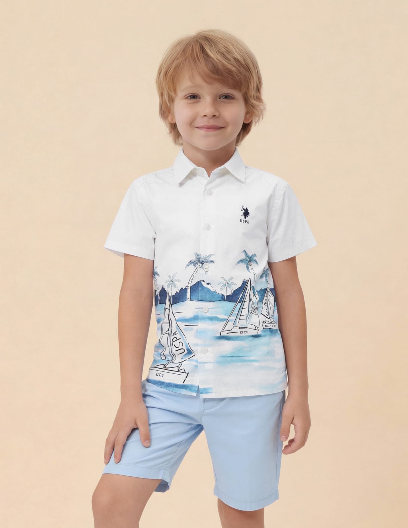 Boys White Casual Regular Fit Printed Half Sleeves Shirt