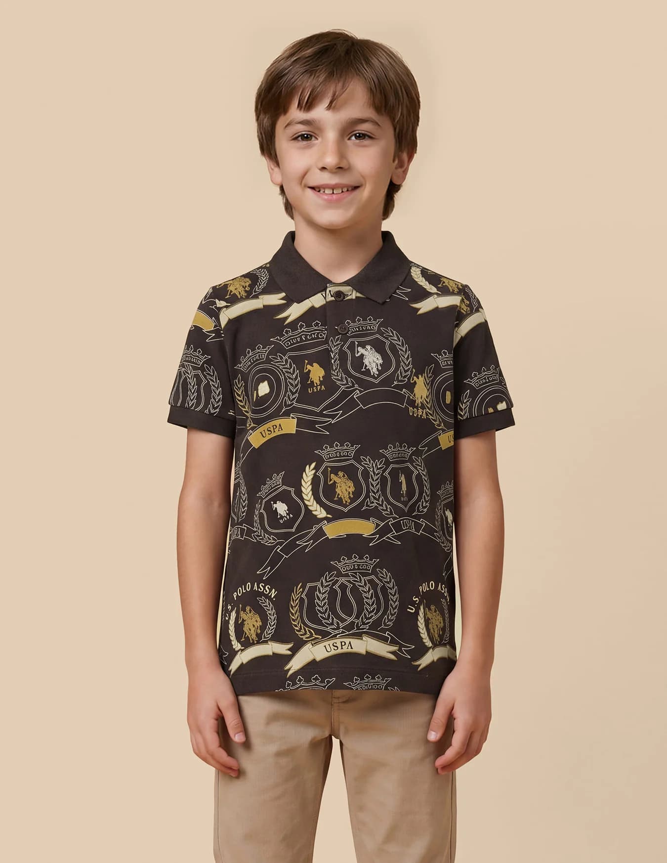 Boys Brown Casual Regular Fit Printed Half Sleeves Polo Tshirt