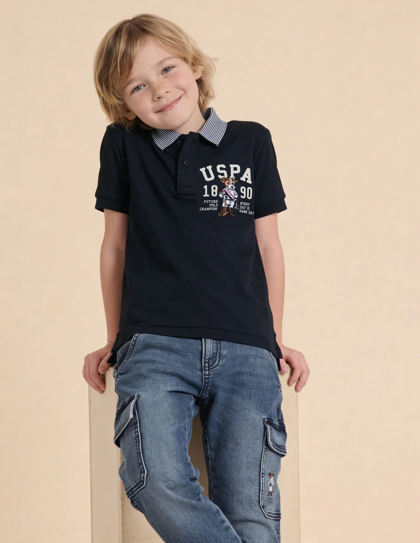 Boys Navy Casual Regular Fit Printed Half Sleeves Polo Tshirt