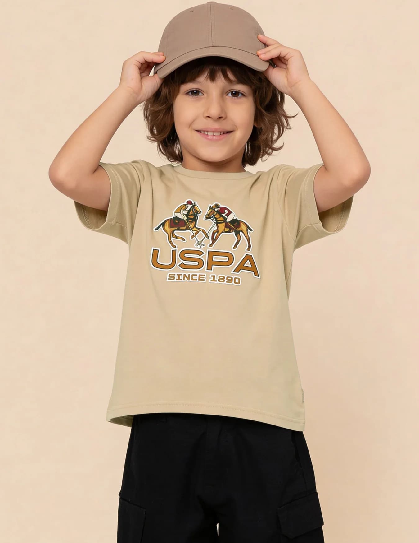 Boys Beige Casual Regular Fit Printed Half Sleeves Tshirt