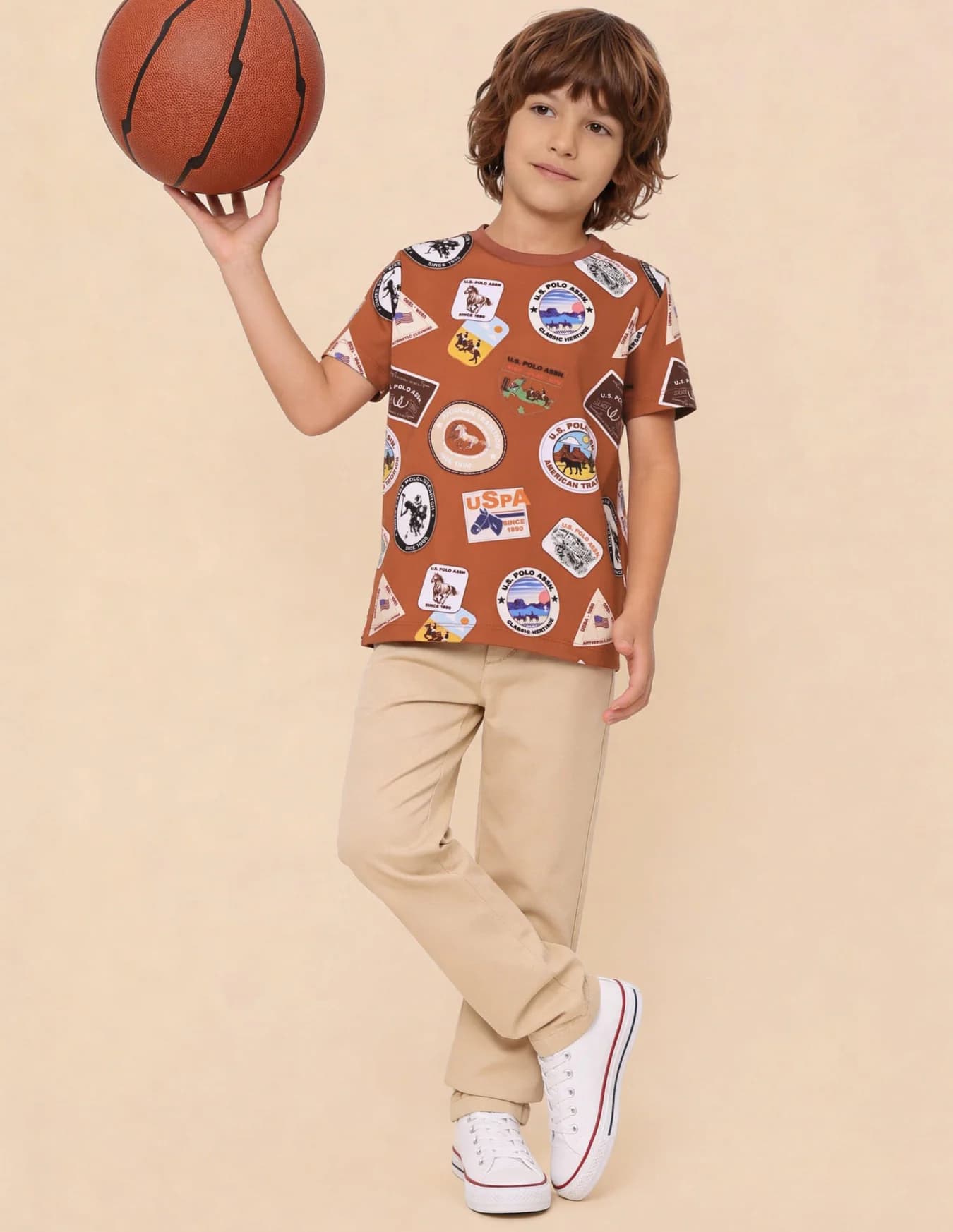 Boys Brown Casual Regular Fit Printed Half Sleeves Tshirt