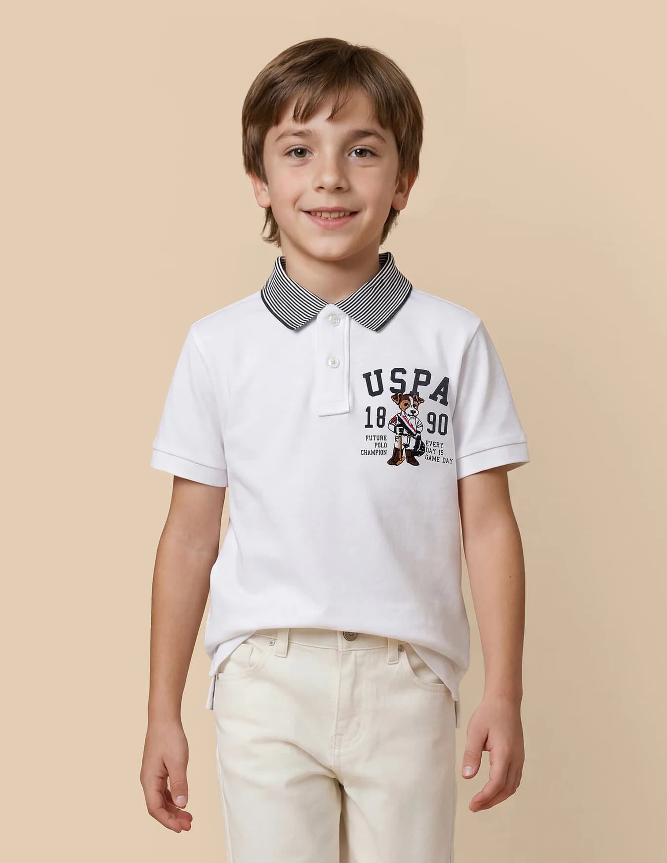 Boys White Casual Regular Fit Printed Half Sleeves Polo Tshirt