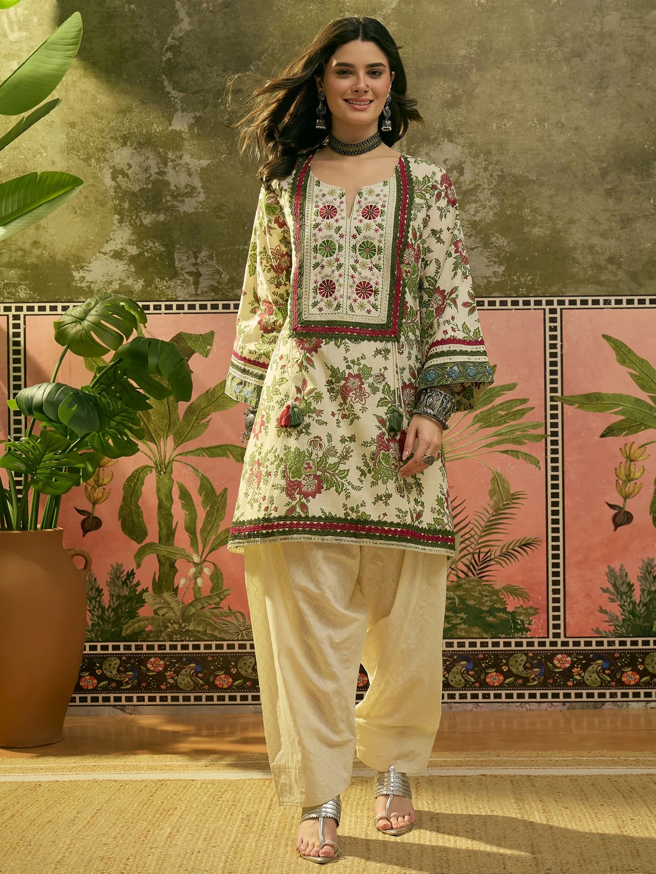 Women's Green Floral Printed and Embroidered Cotton A-Line Kurti Farshi Salwar Set