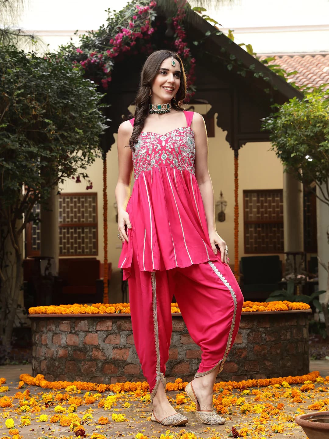 Women's Pink Solid and Embroidered Rayon A-Line Kurti Dhoti Set