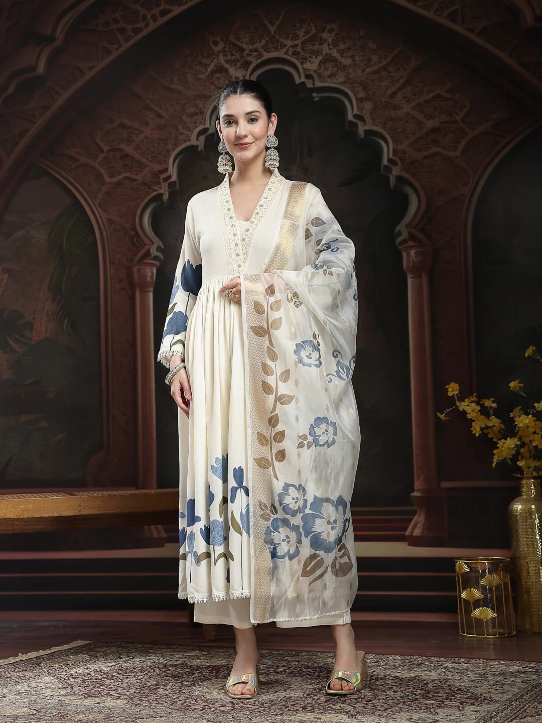 Women's Cream Floral Printed Rayon Flared Kurta Palazzo Dupatta Set
