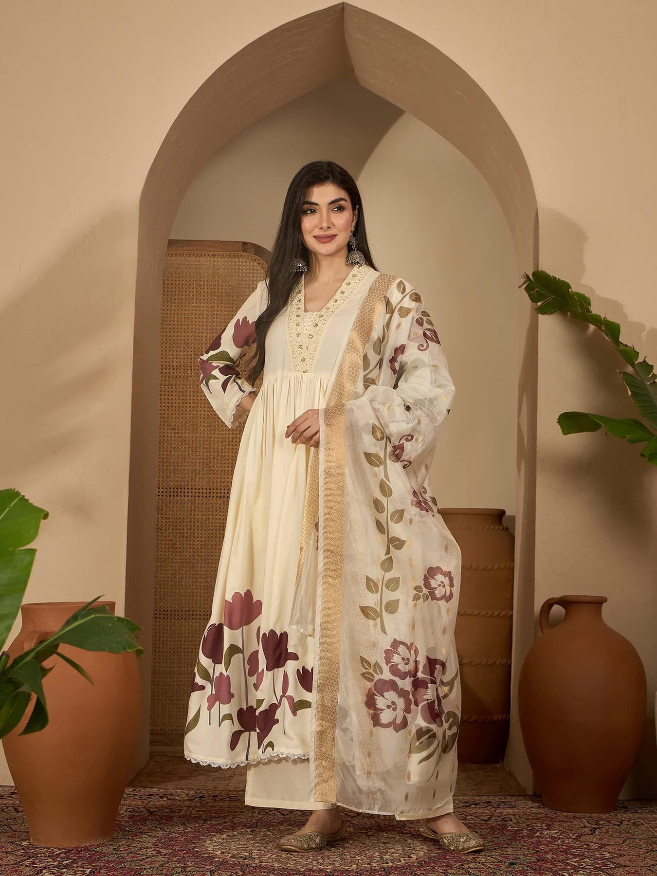 Women's Cream Floral Printed Rayon Flared Kurta Palazzo Dupatta Set