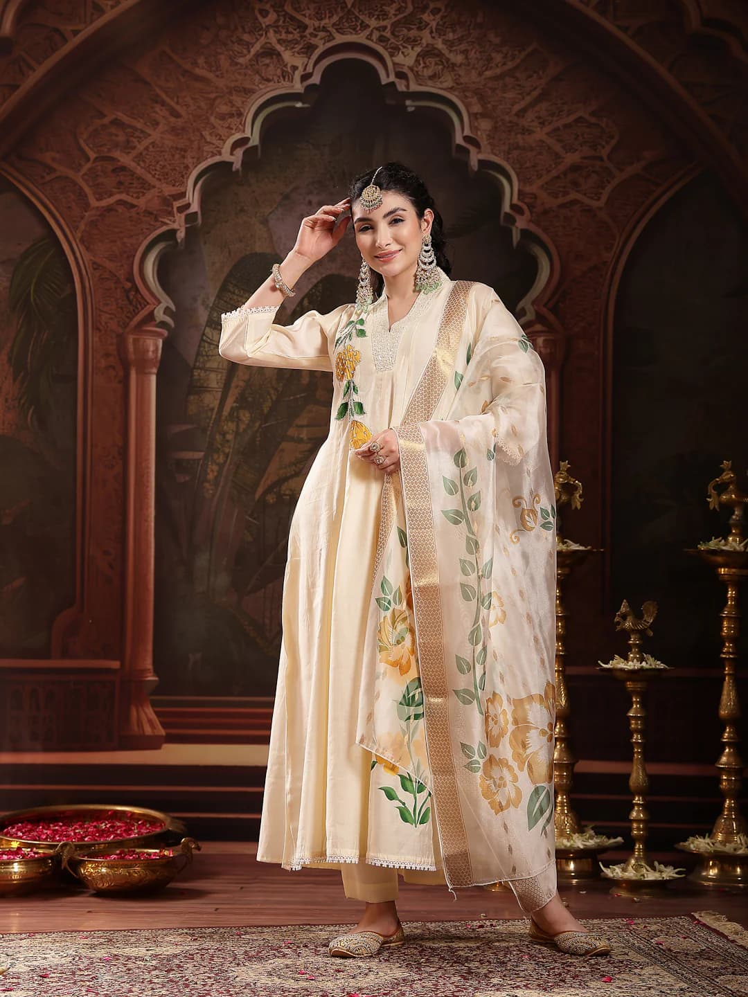 Women's Cream Solid and Embroidered Roman Silk A-Line Kurta Trouser Dupatta Set