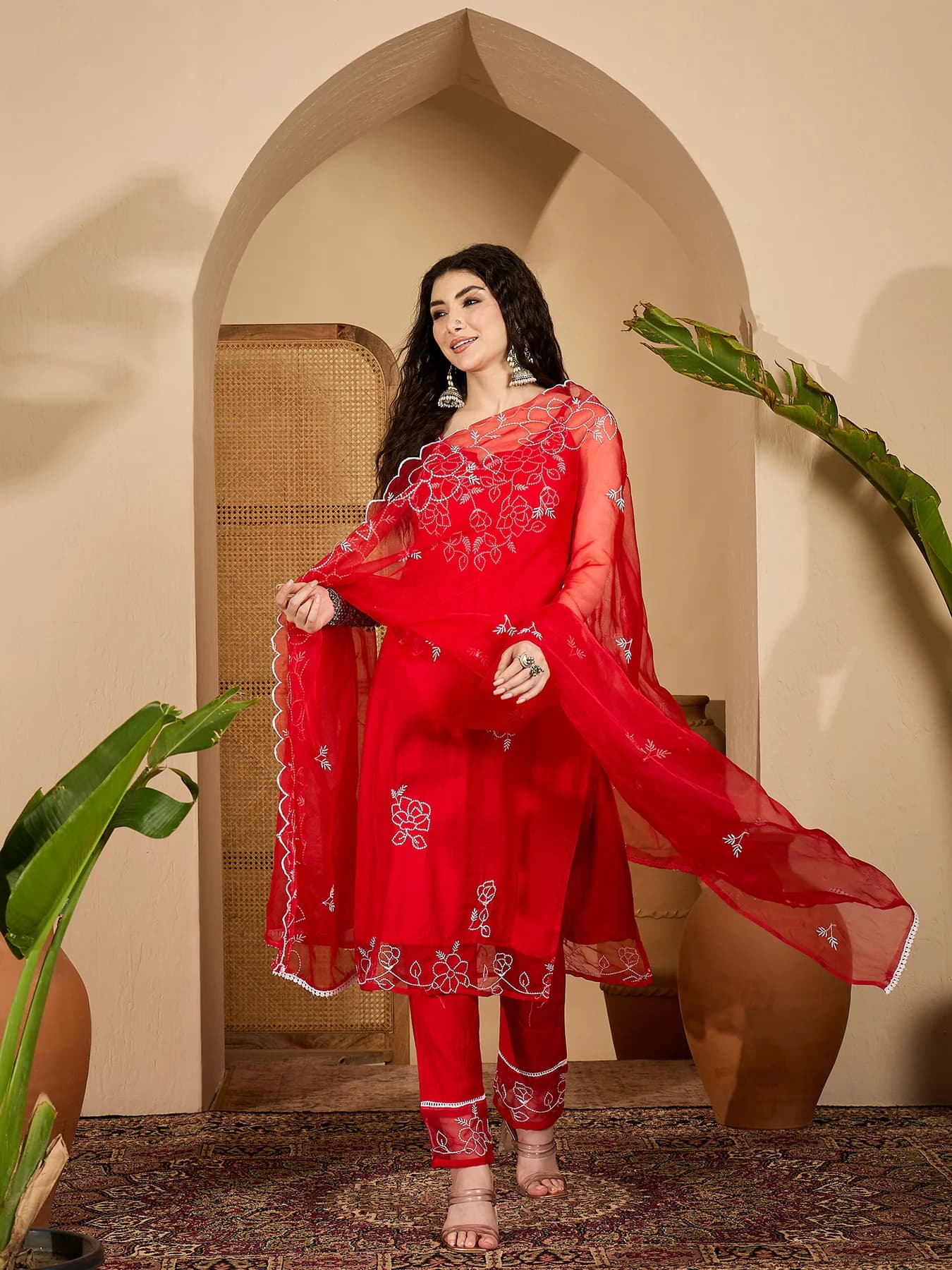 Women's Red Solid and Embroidered Organza Straight Kurta Trouser Dupatta Set