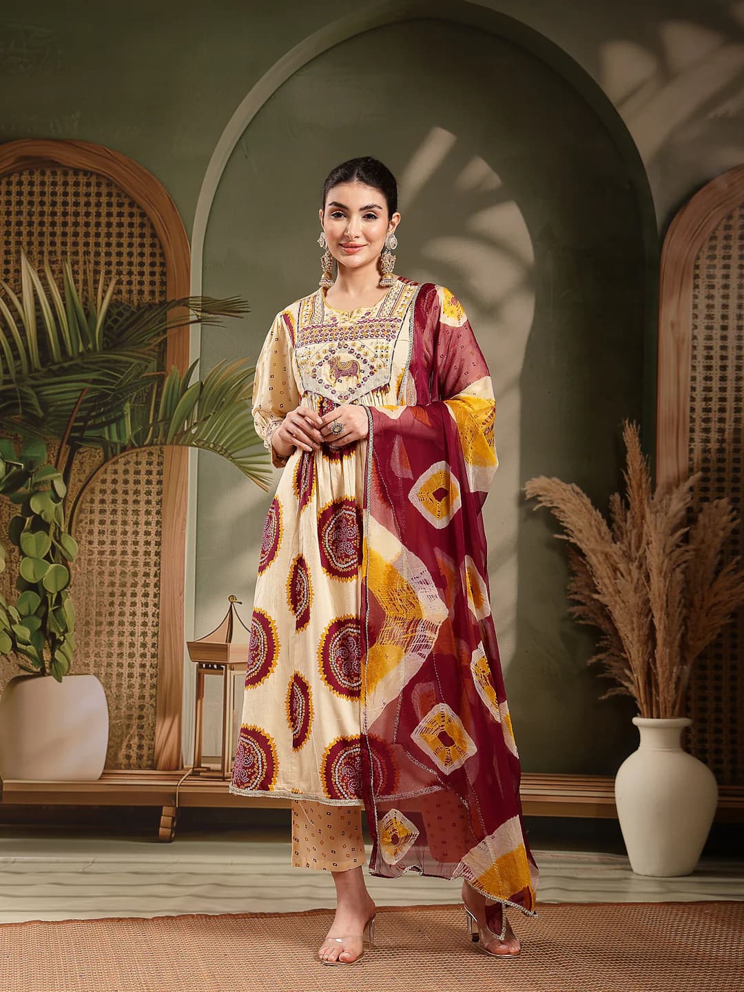 Women's Multicolor Bandhej Printed and Embroidered Cotton A-Line Kurta Trouser Dupatta Set