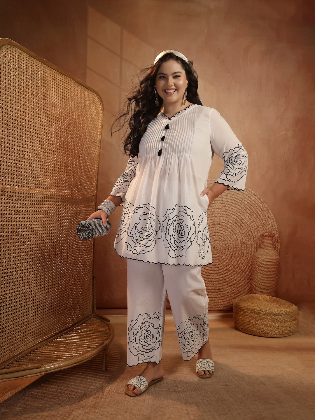 Women's White Floral and Embroidered Cotton Co-ord Set