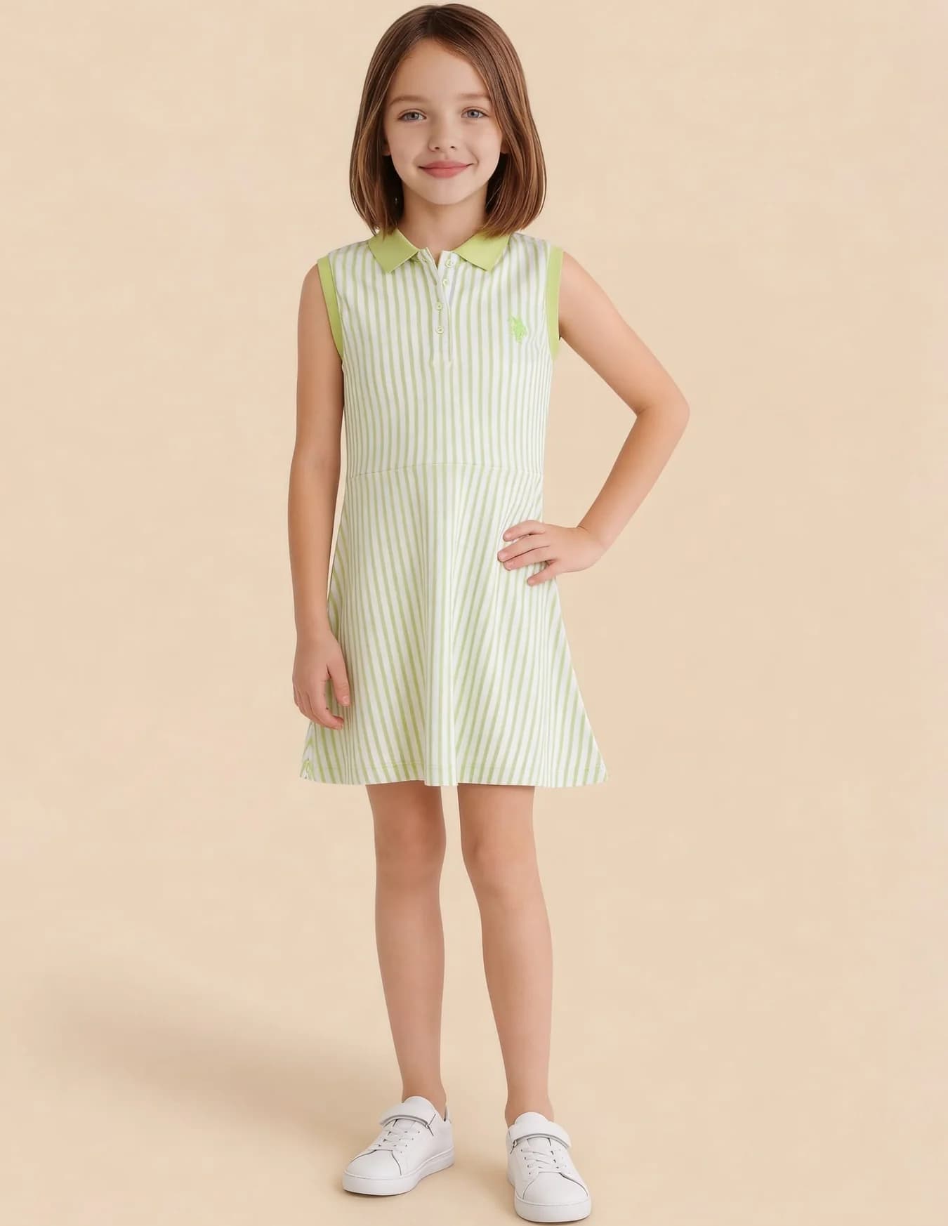 Girls Green Casual Striped Sleeveless Cotton Dress