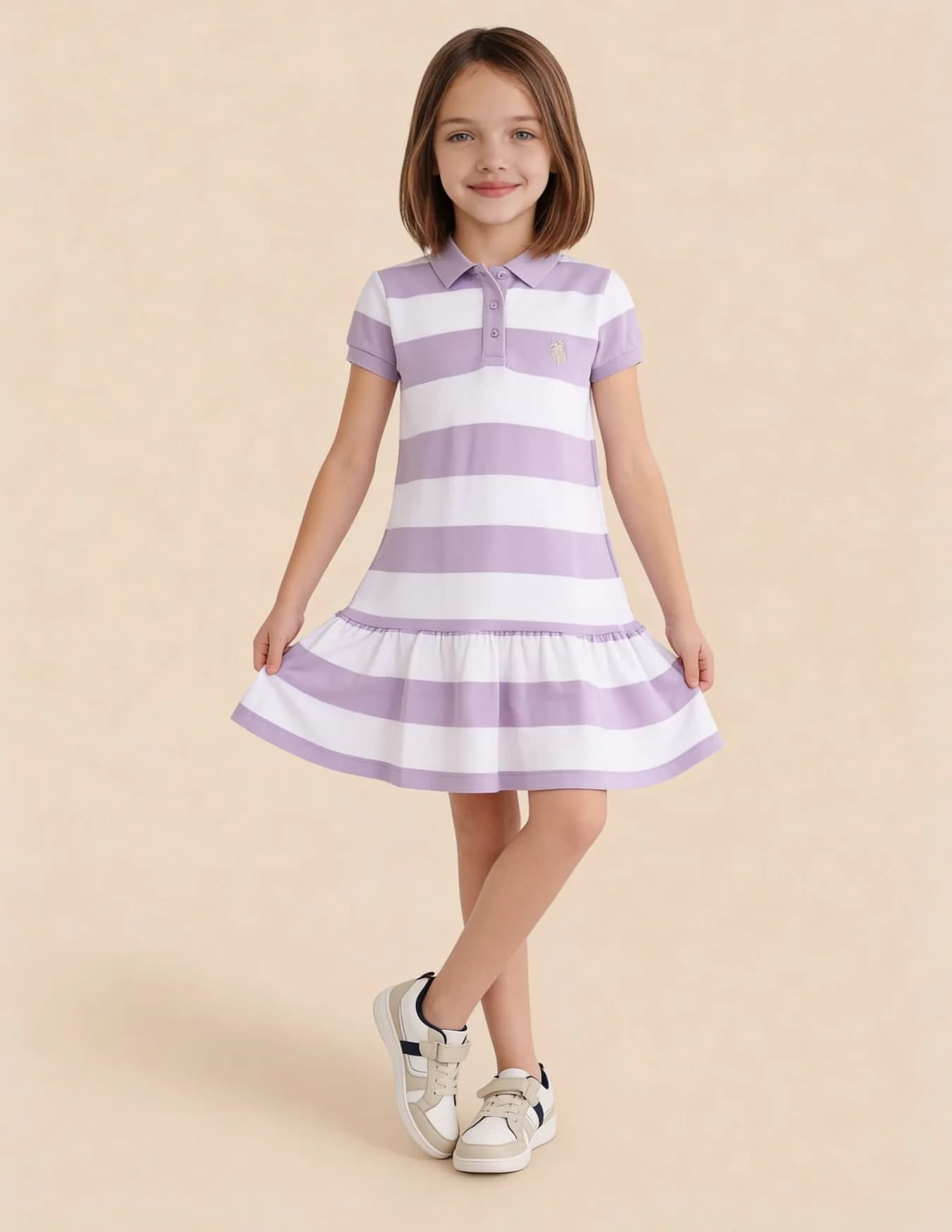 Girls Purple Casual Striped Half Sleeves Cotton Dress