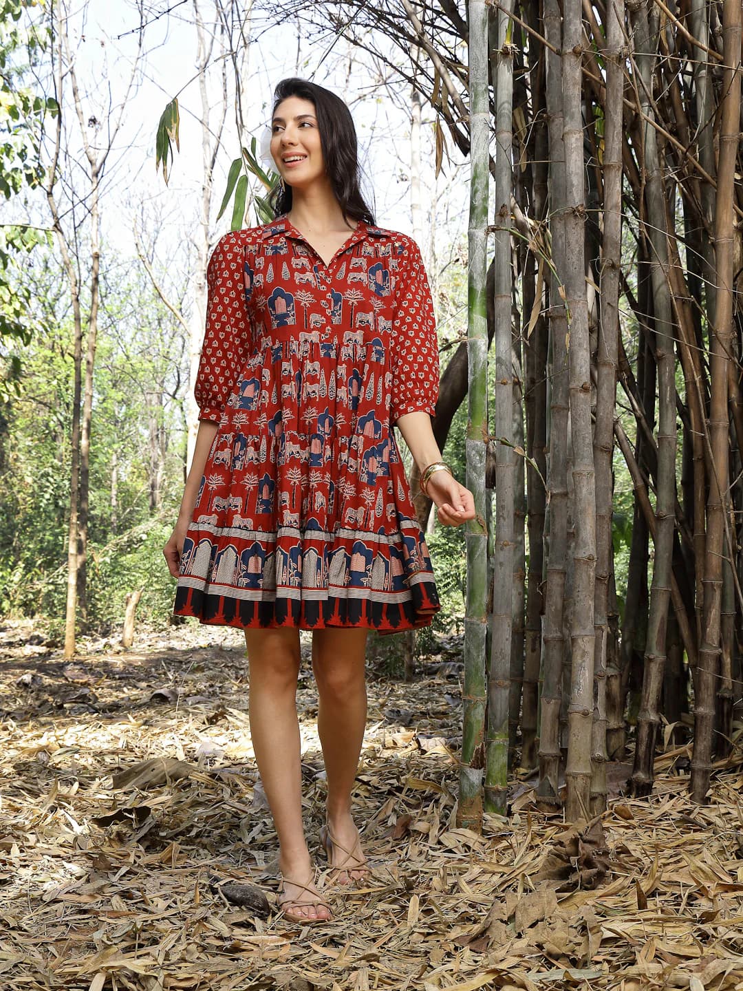 Women's Orange Ethnic Printed Cotton Flared Dress