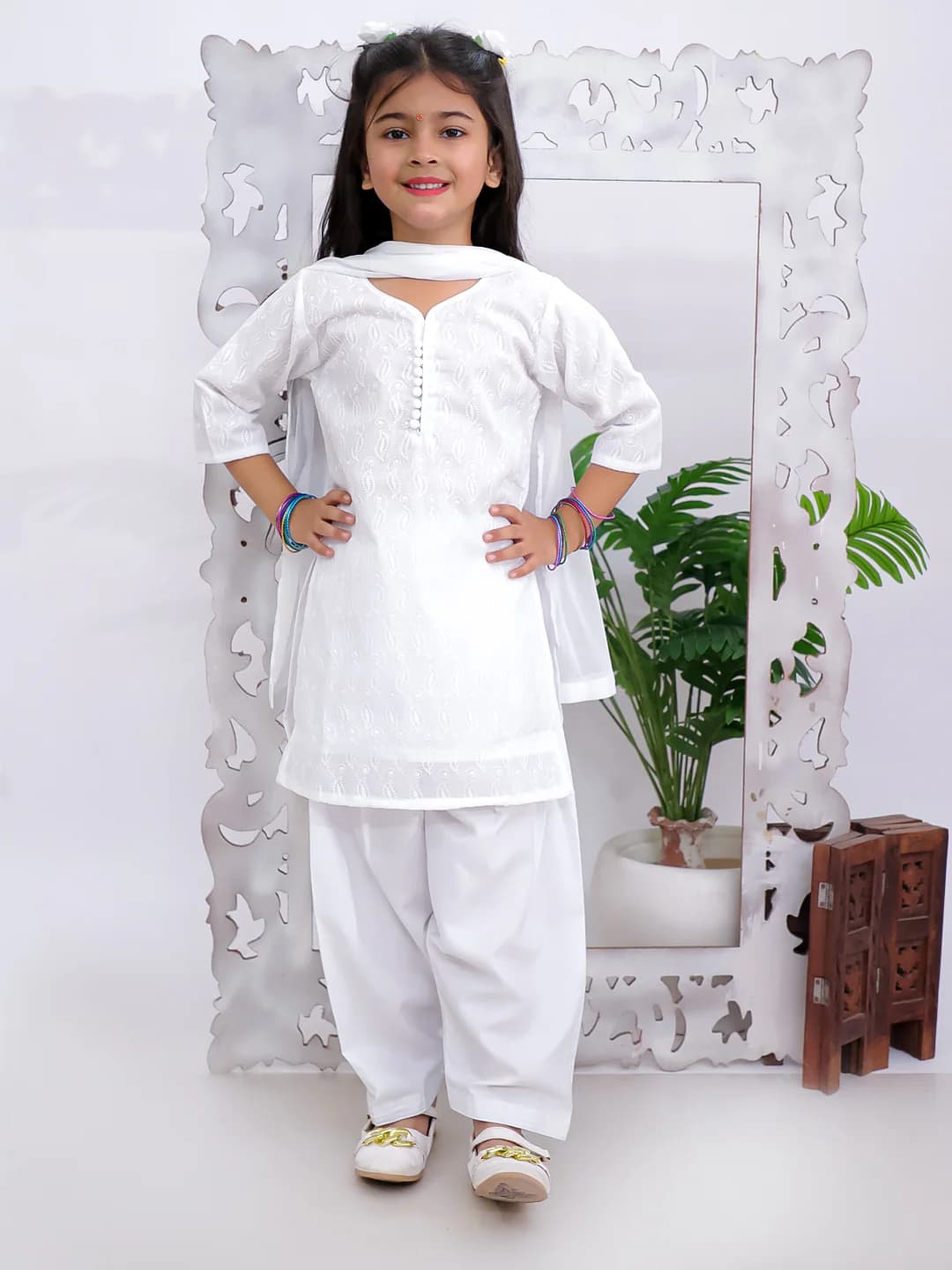 Girl White Chikankari Kurti Salwar With Dupatta Set