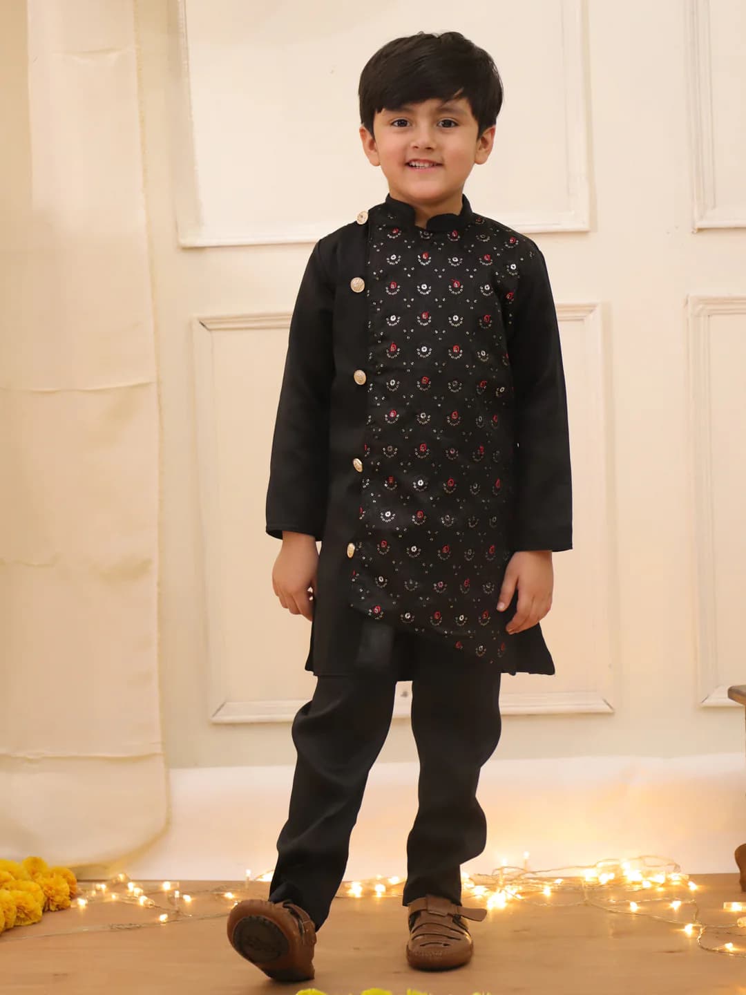 Boys Black Embroiderd Sherwani Kurta Pajama Set