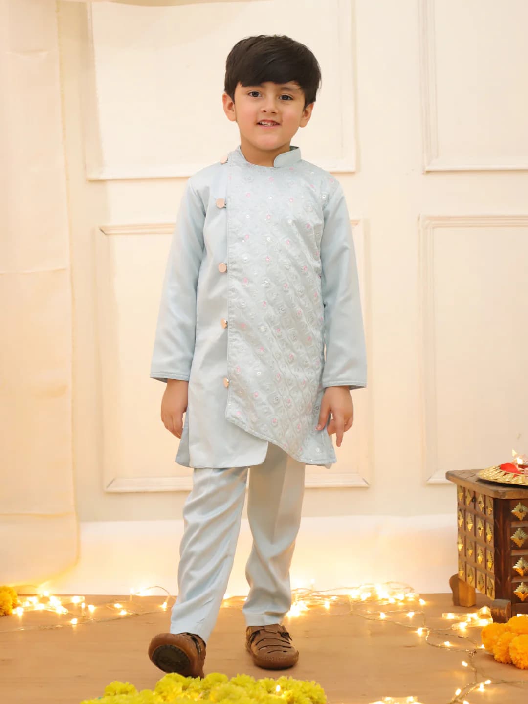 Boys Blue Embroiderd Sherwani Kurta Pajama Set