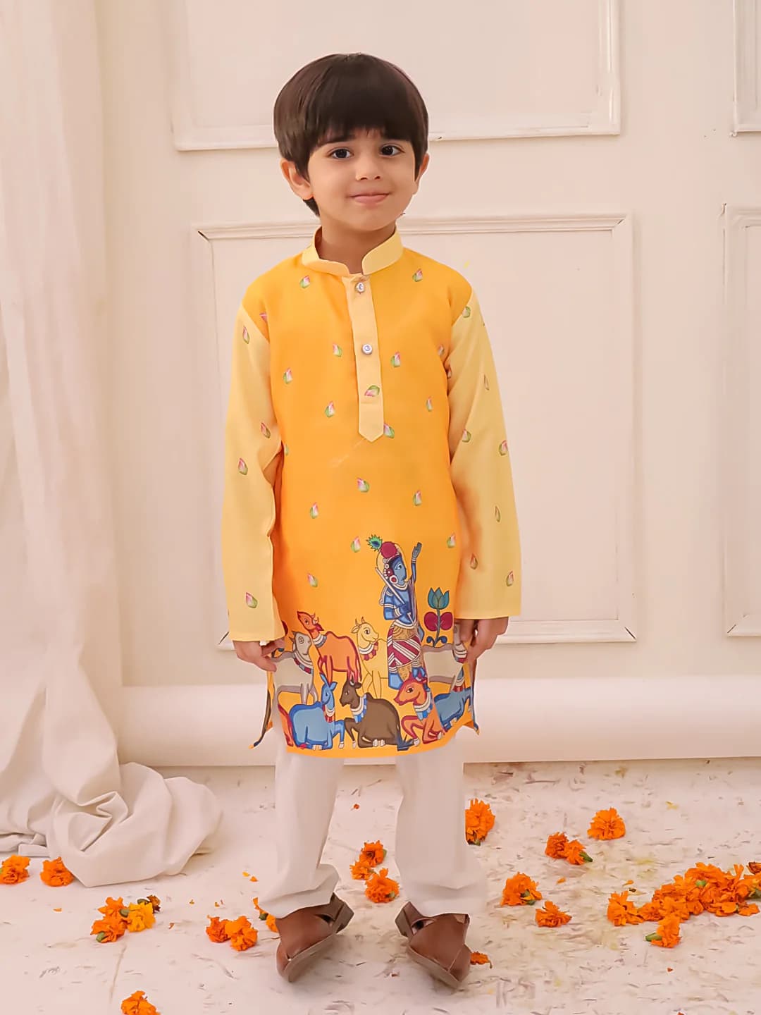 Boys Yellow Rama Printed Kurta Pyjama Set