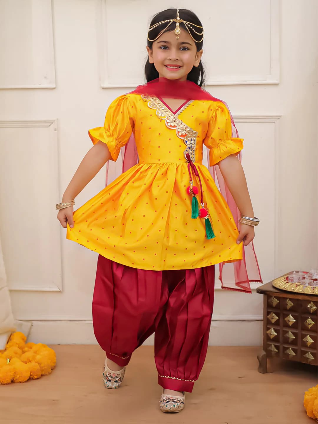 Girls Yellow Chaandbutti Peplum Top With Afgani Salwar With Dupatta Set
