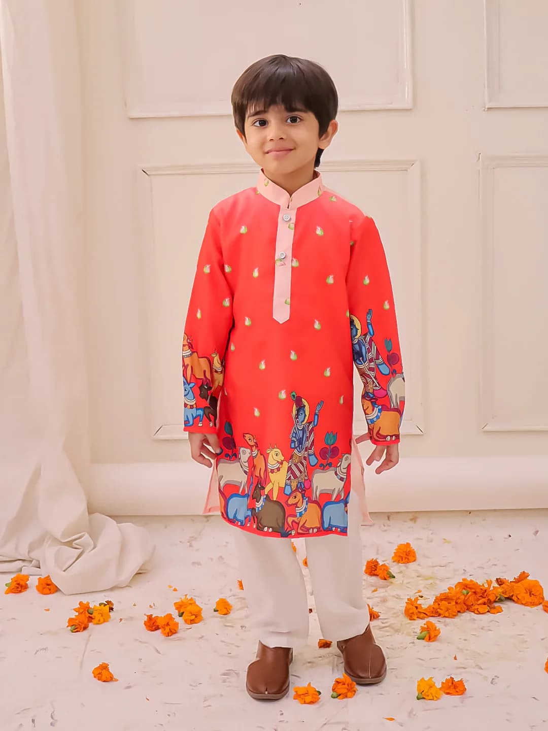 Boys Orange Rama Printed Kurta Pyjama Set